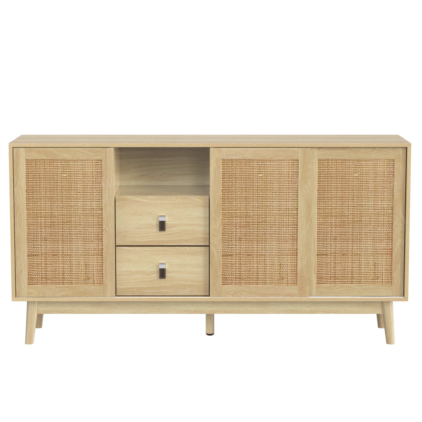 Buffet bois et rotin sur pieds 2 tiroirs 3 portes 155×38×80 cm