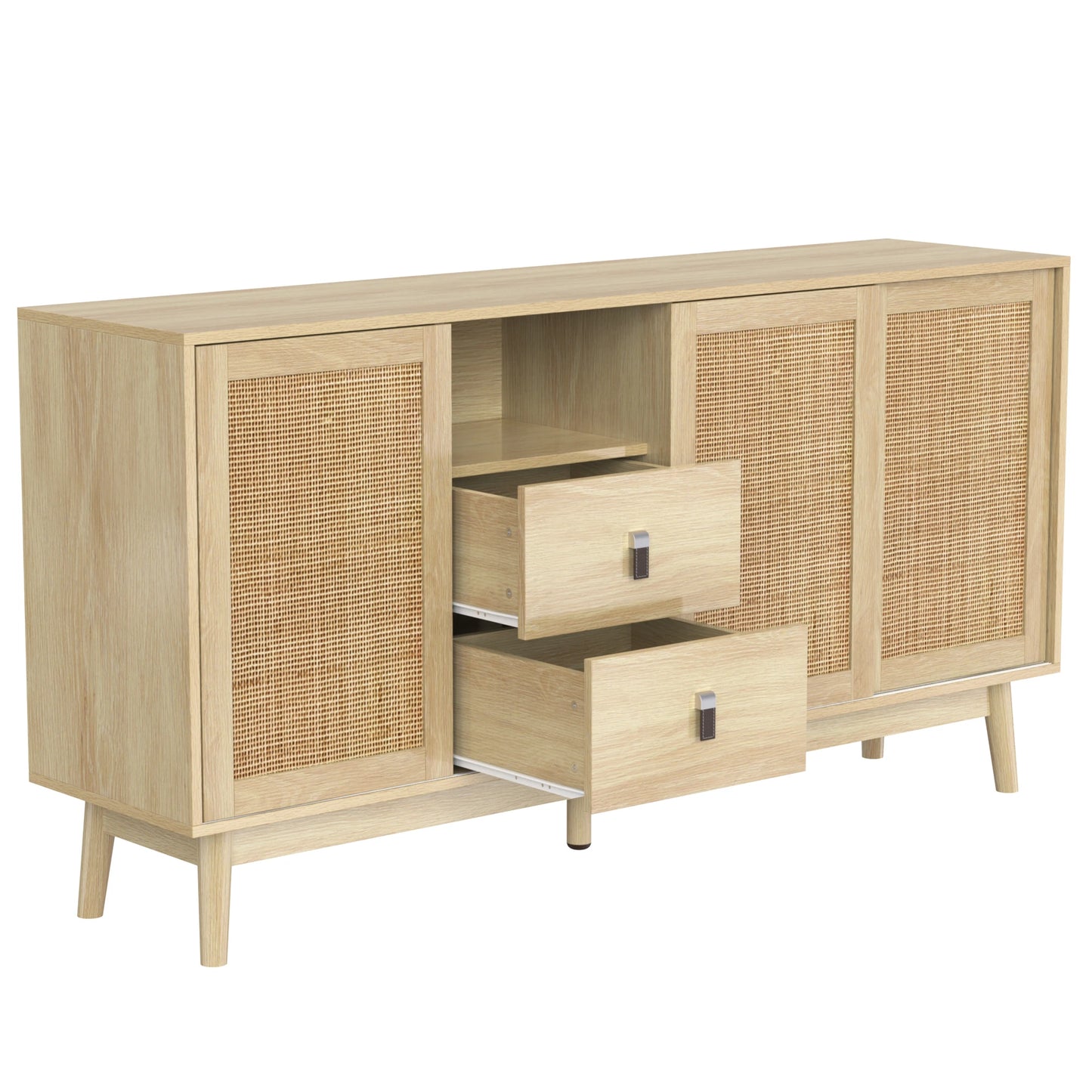 Buffet bois et rotin sur pieds 2 tiroirs 3 portes 155×38×80 cm