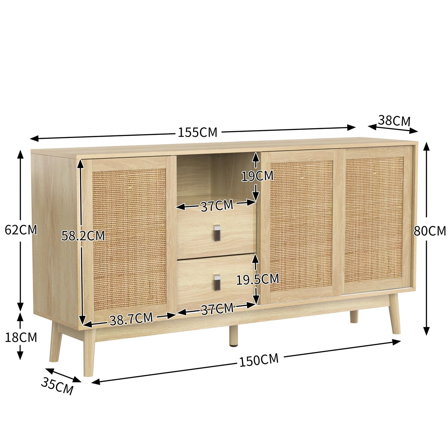 Buffet bois et rotin sur pieds 2 tiroirs 3 portes 155×38×80 cm