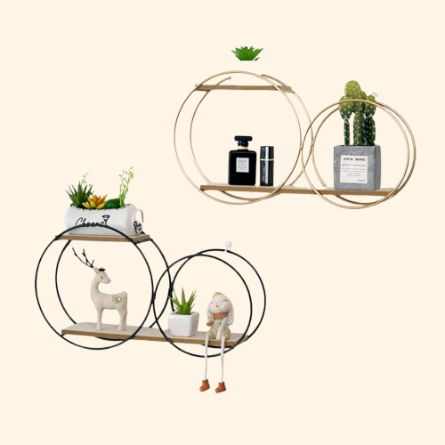 Etagère murale décorative double planche bois clair et double cercle en métal