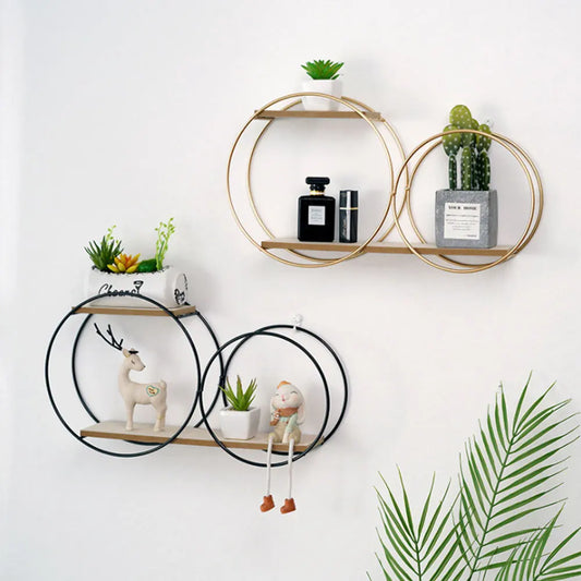 Etagère murale décorative double planche bois clair et double cercle en métal