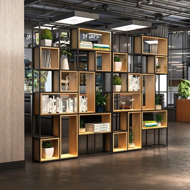 Etagère de séparation bois et fer noir
