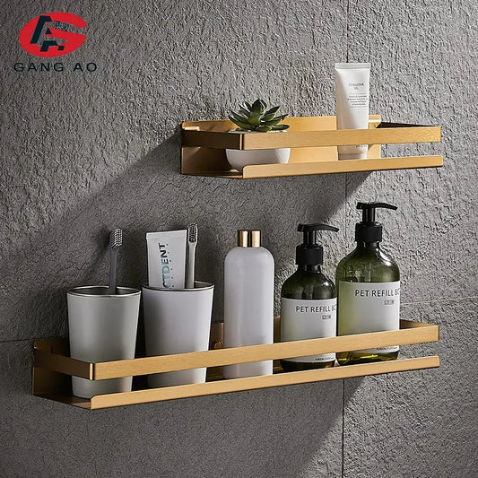 Etagère murale en métal doré rectangulaire avec rebord anti chute existe en plusieurs tailles