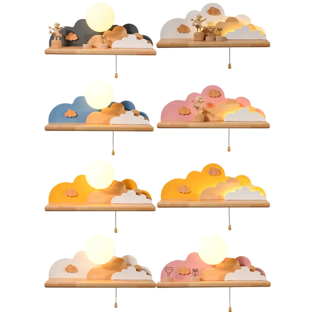Etagère lumineuse murale bois nuage coloré