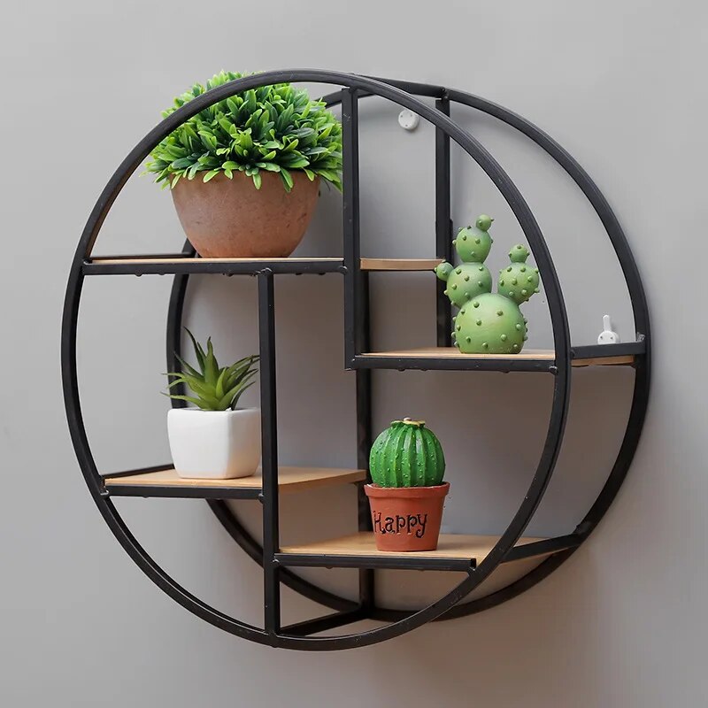 Etagère murale ronde 4 niveaux noir et bois
