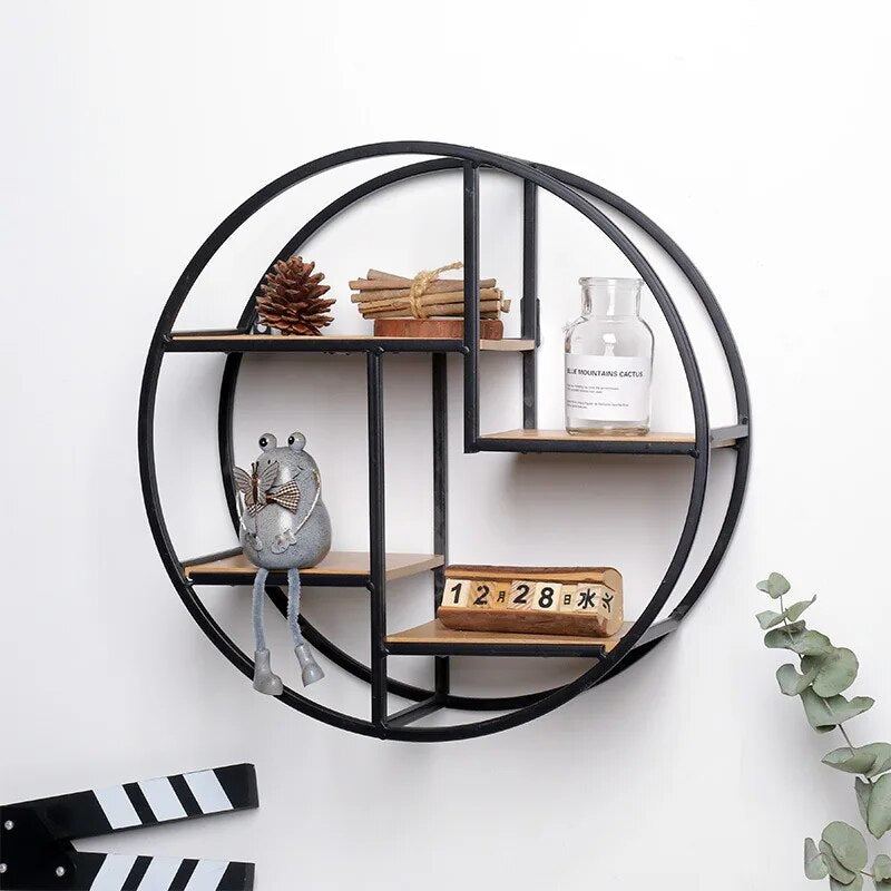 Etagère murale industrielle ronde noir et bois