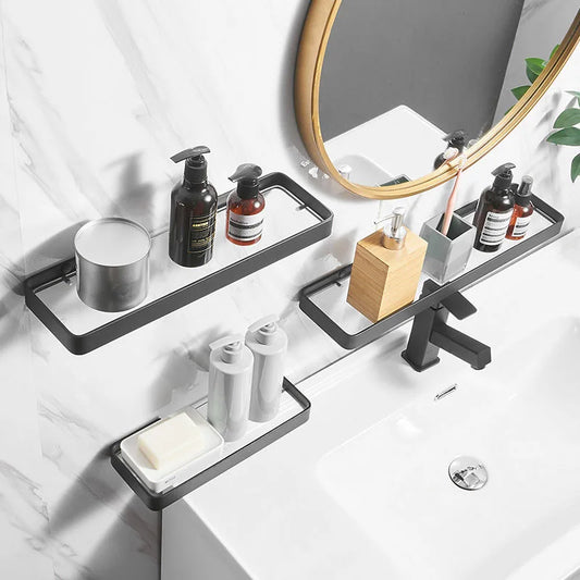 Etagère murale pour salle de bain en verre et métal noir