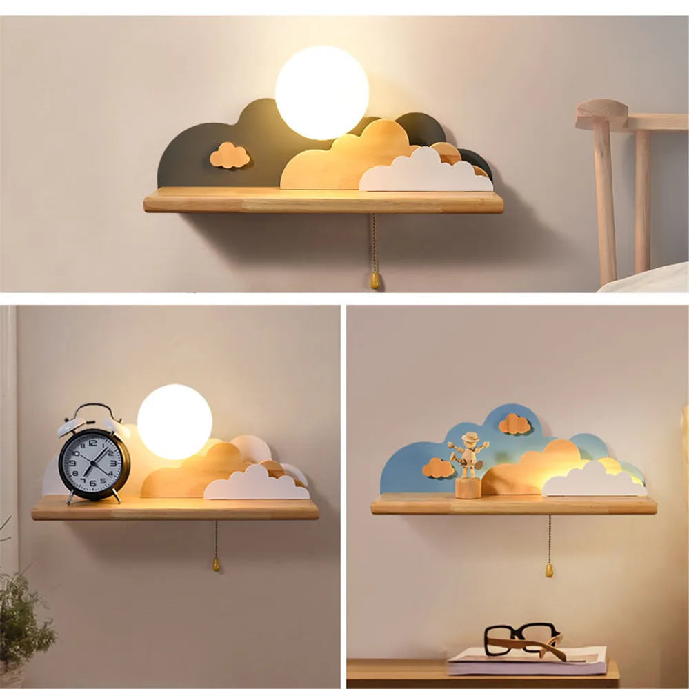 Etagère lumineuse murale bois nuage coloré