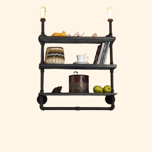 Etagère lumineuse led industrielle 3 niveaux planche en bois et structure en métal