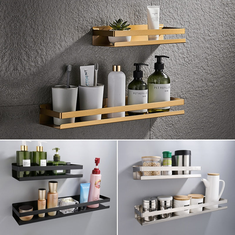Etagère murale en métal rectangulaire avec rebord anti chute pour salle de bain