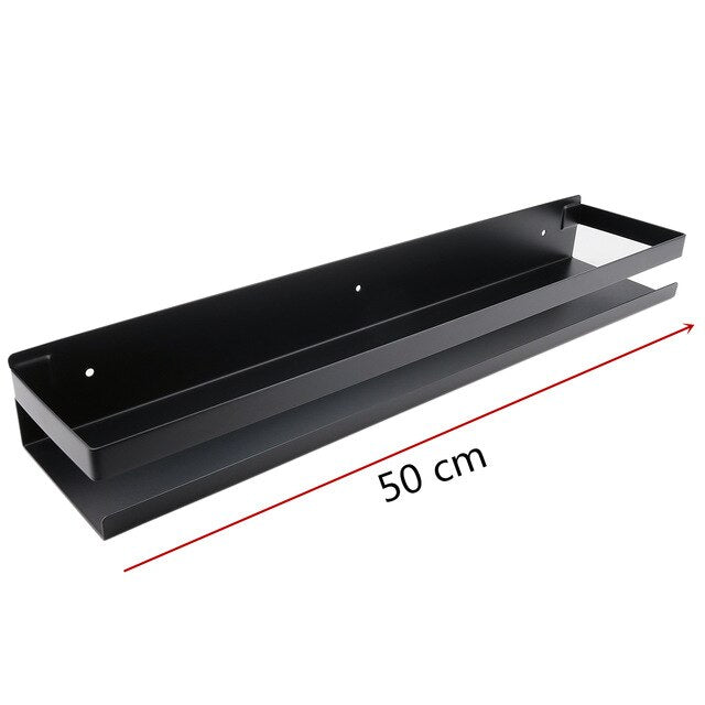 Etagère murale en métal noir rectangulaire avec rebord anti chute pour salle de bain