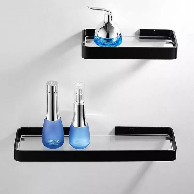 Etagère murale pour salle de bain en verre et métal noir