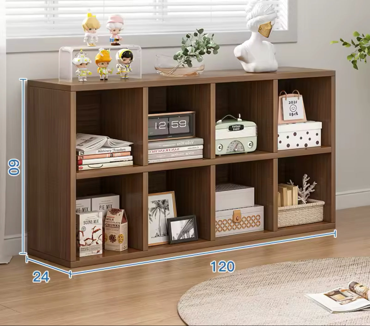 Meuble étagère bas double niveau en bois clair