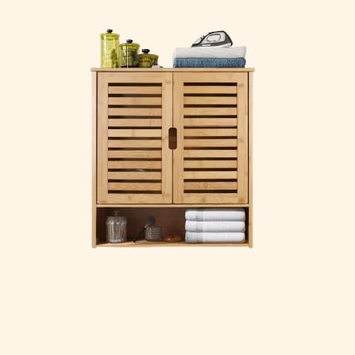 Meuble armoire bois salle de bain avec portes ajourée et compartiment ouvert