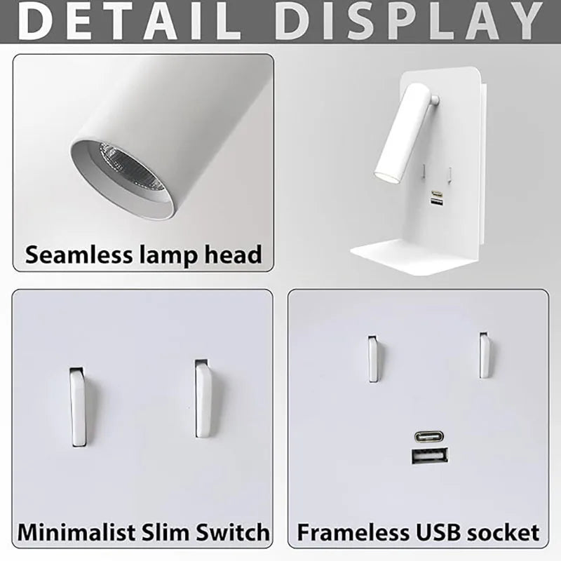 Etagère lumineuse led chambre verticale liseuse en métal avec port usb