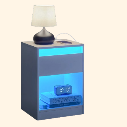 Meuble de chevet lumineux en bois avec niche et tiroir