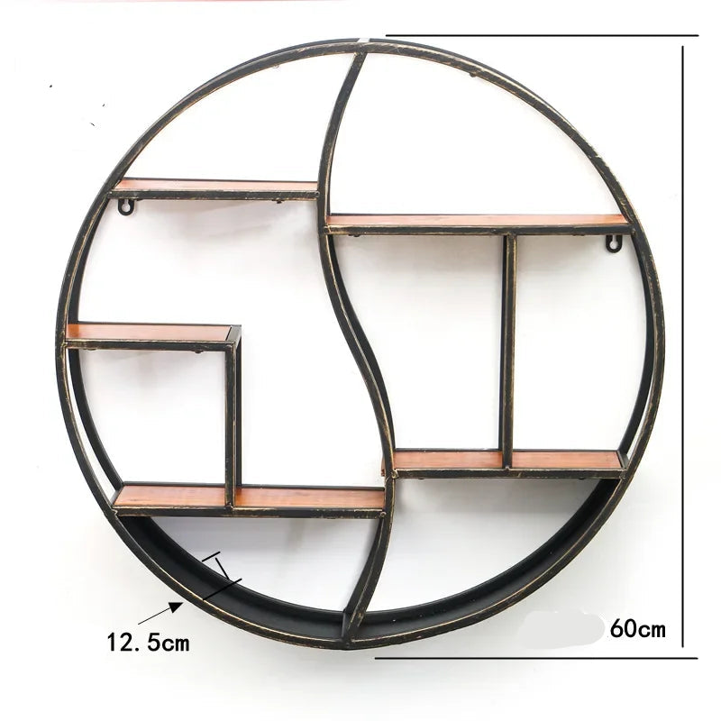 Etagère murale ronde noire en métal avec 6 tablettes en bois