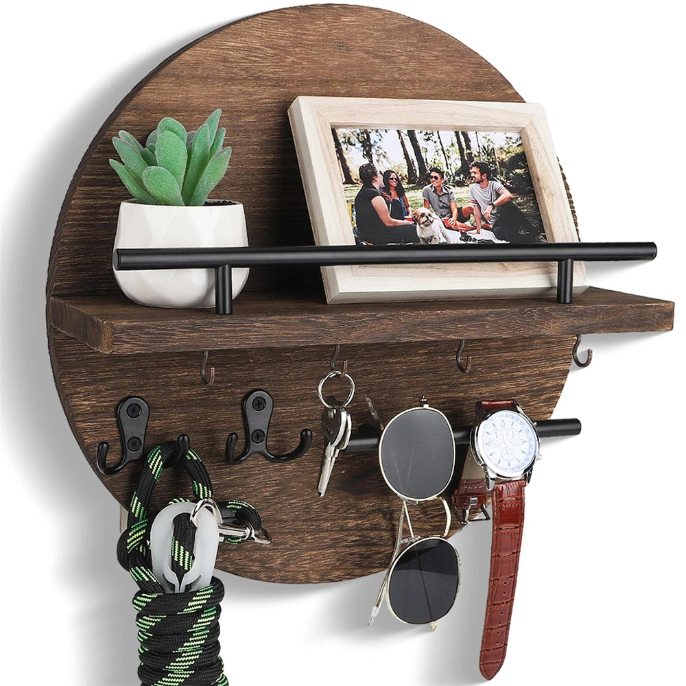 étagère murale ronde noire en bois fonçé avec crochets suspendus
