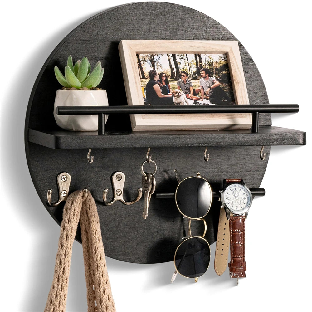 étagère murale ronde noire en bois avec crochets suspendus