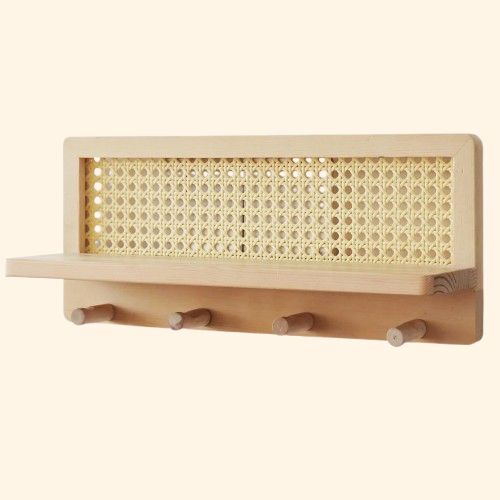 Portant mural bois clair et rotin avec étagère et 4 patères