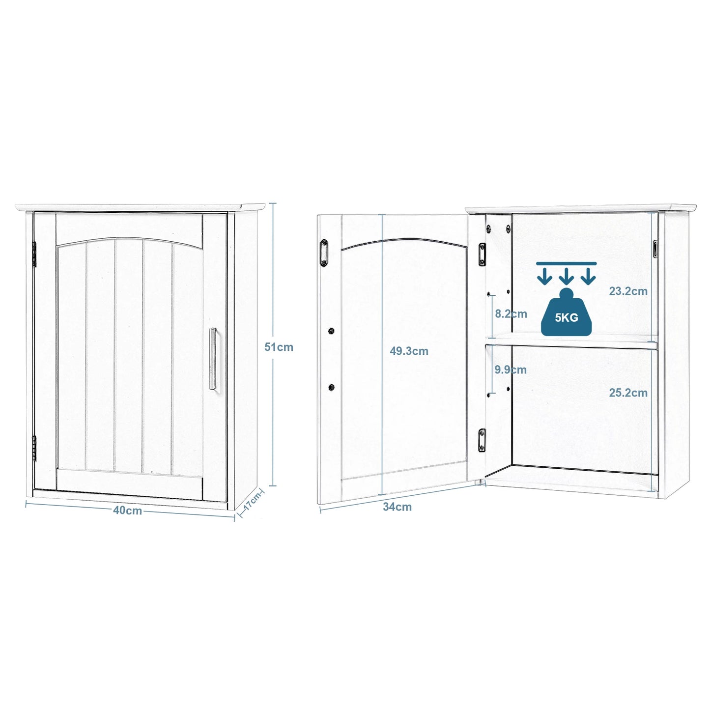 Armoire murale salle de bain blanche, 1 porte, 1 étagère ajustable