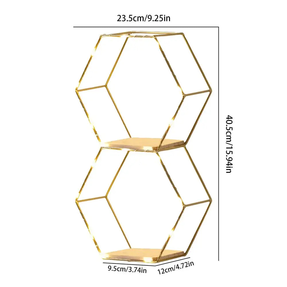 Etagère lumineuse chambre hexagonale bois clair et métal doré