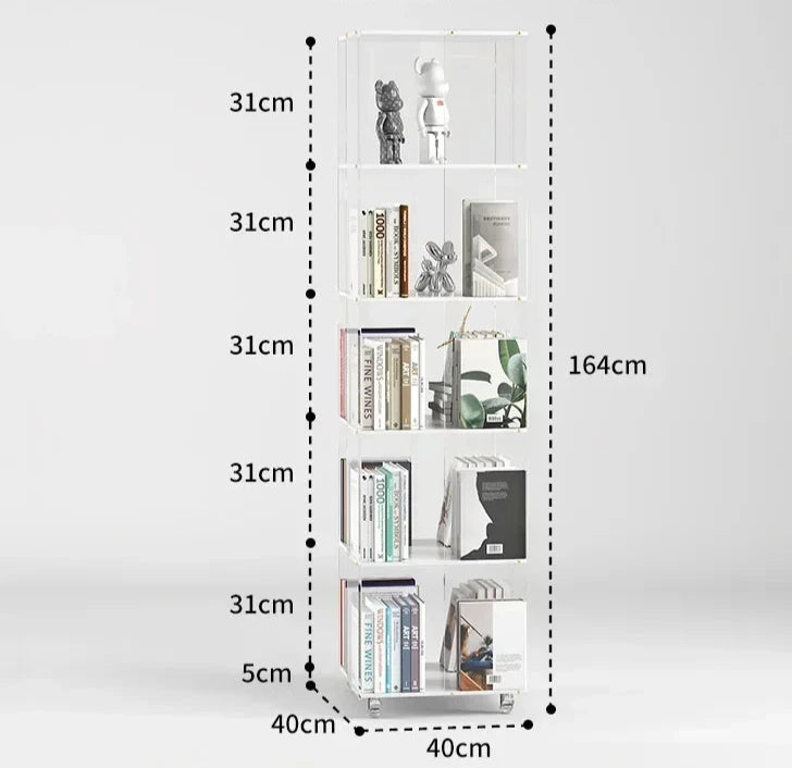 Colonne de rangement pour livres sur pieds blanche et transparente