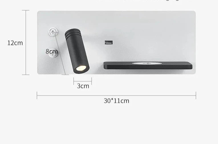 Etagere chevet murale avec spot led intégré bicolor noir et blanc