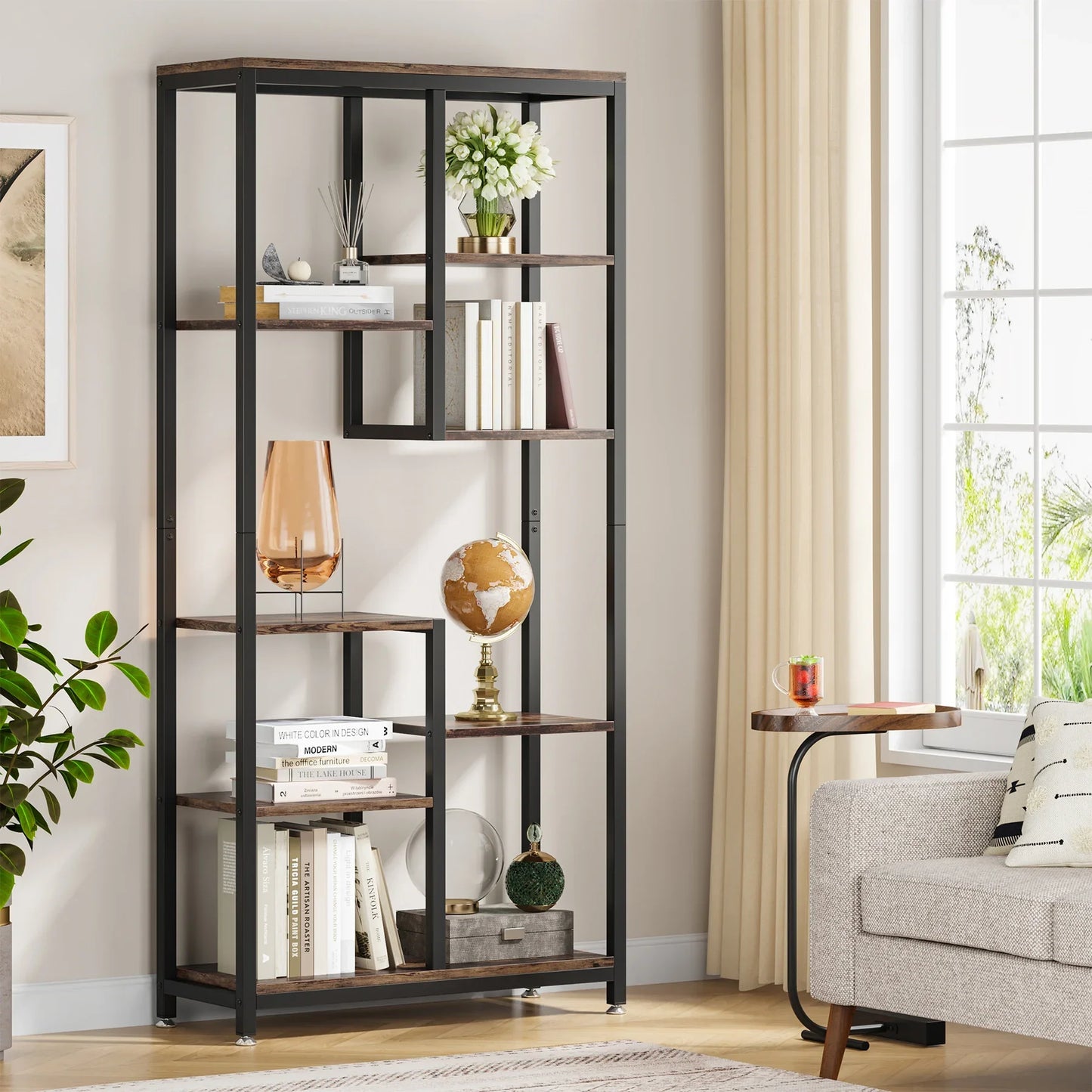 meuble etagere sur pieds réglable structure fer noir avec étagères bois disposés de manière asymétrique
