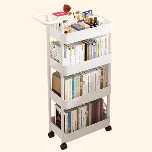 Chariot bibliothèque plastique à roulettes noires