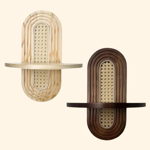 Etagère murale bohème bois et rotin avec tablette de support semi circulaire