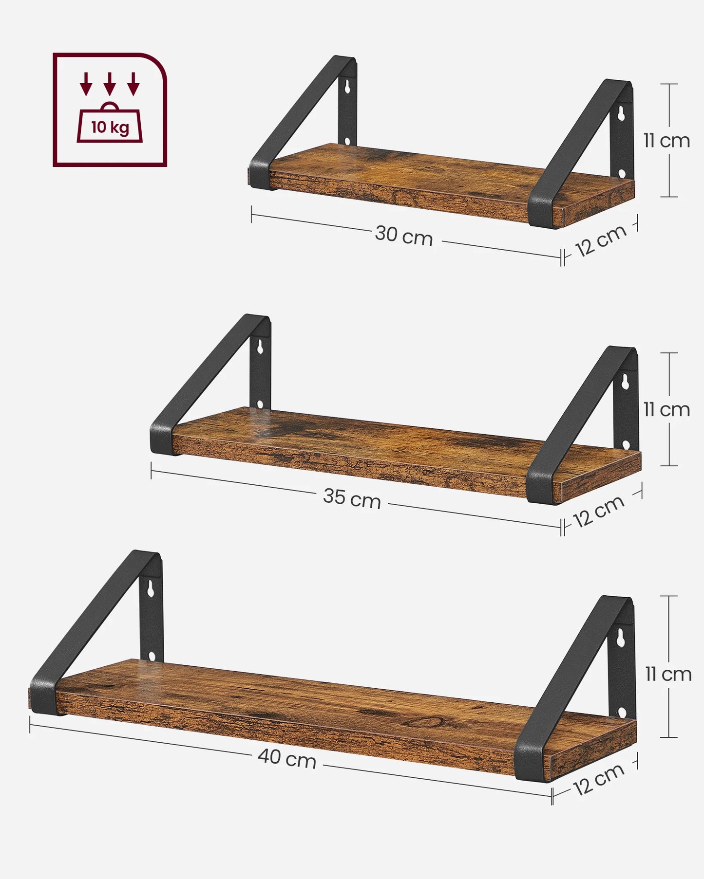 lot de 3 Etagère murale bois avec équerre de fixation réversible en métal noir