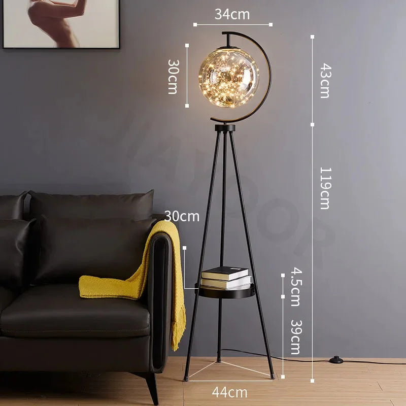 Lampadaire globe verre trépied métal avec étagère