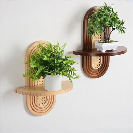 Etagère murale bohème bois et rotin avec tablette de support semi circulaire