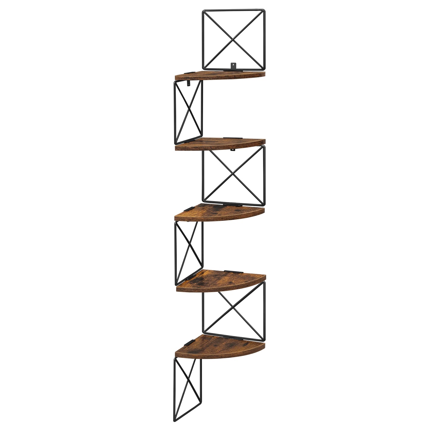 Etagère murale d'angle flottante industrielle bois et métal à 5 niveaux structure alternée