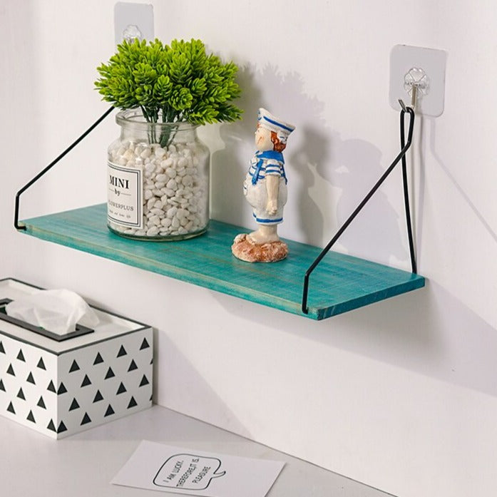 etagère murale suspendue fer noir et bois bleu