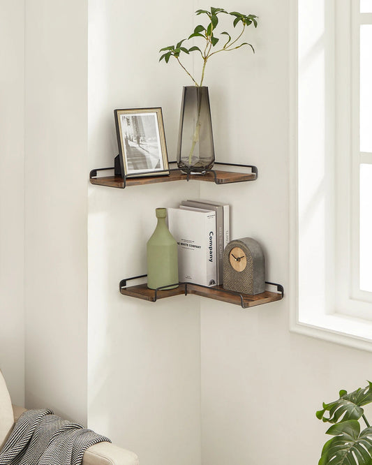 étagère d'angle murale industrielle avec rebord métallique noir avant et arrière