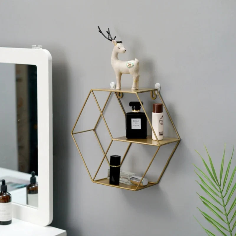 Etagère murale hexagonale en métal bronze a 3 niveaux