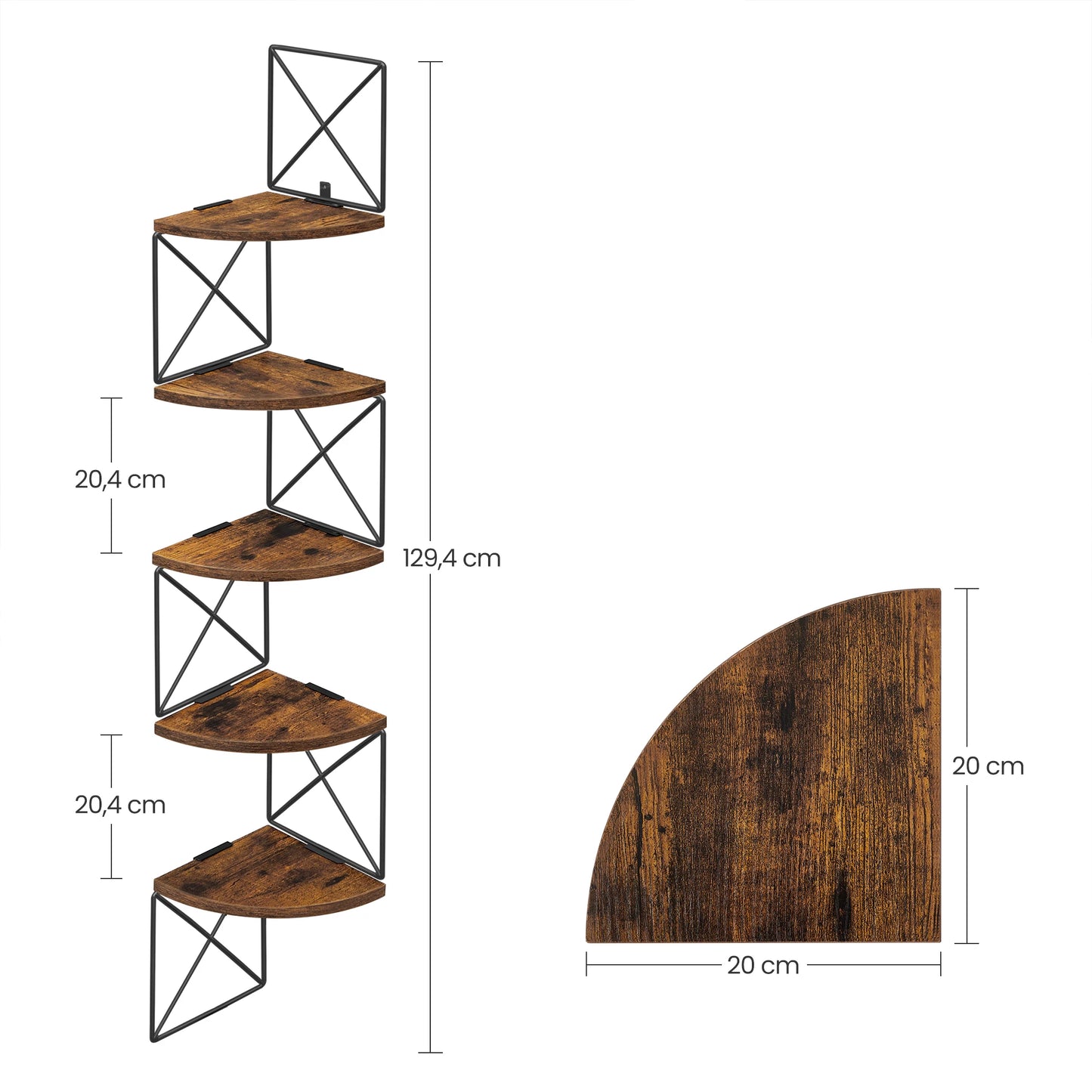 Étagère murale d'angle en bois et métal pour rangement décoratif 129cm de hauteur