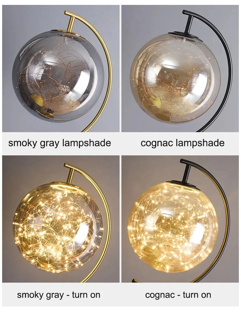 Lampadaire globe verre trépied métal avec étagère