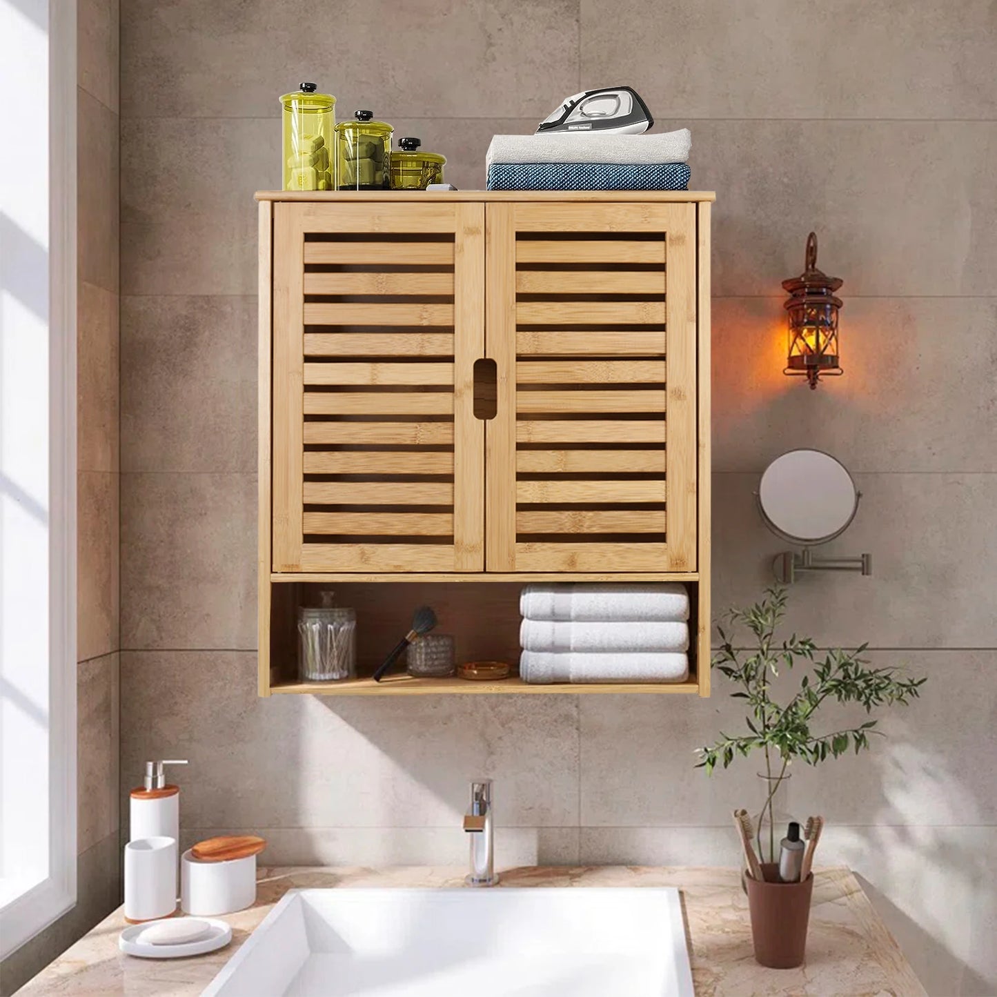 Armoire murale salle de bain bois clair, 2 portes et 1 compartiment ouvert