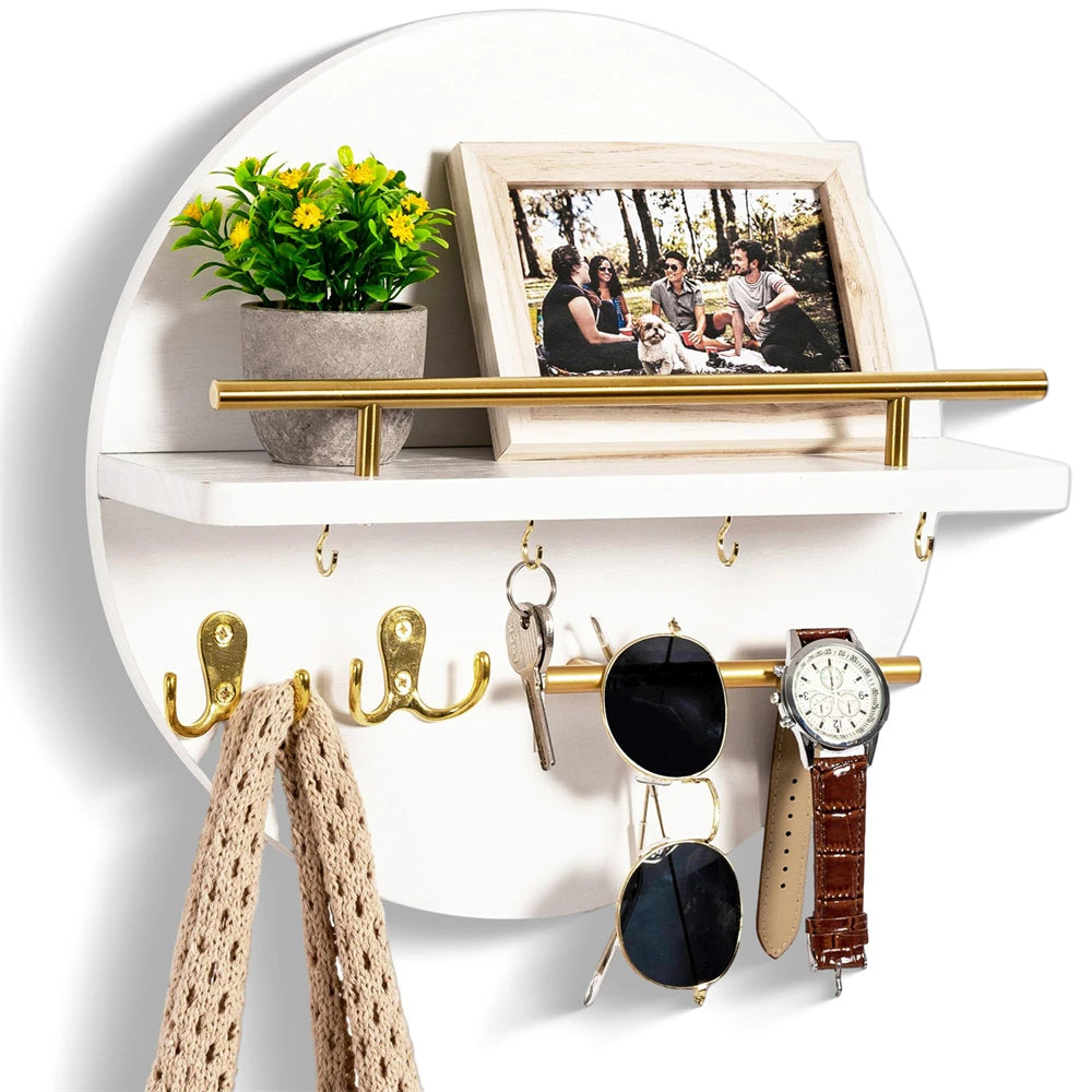 étagère murale ronde blanche rebord doré avec crochets suspendus
