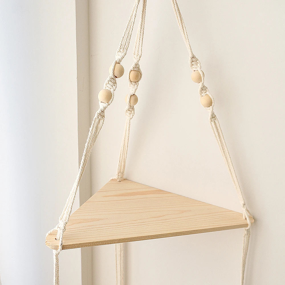 Etagère murale suspendue d'angle corde et bois