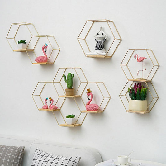 Etagère murale hexagonale métal et bois décorative