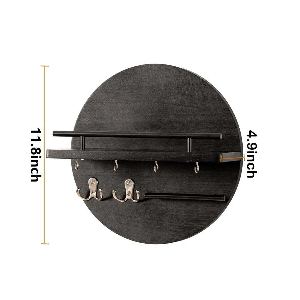 étagère murale ronde noire en bois avec crochets suspendus