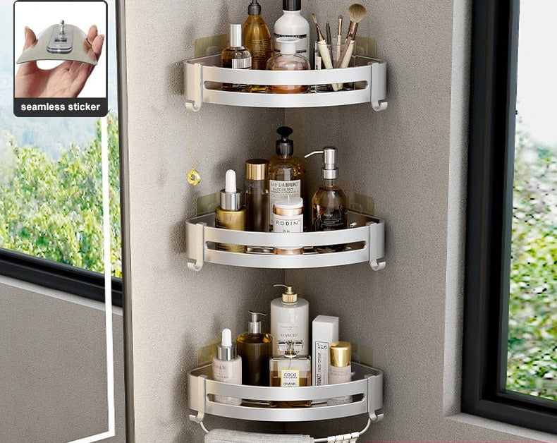 Lot de 3 étagères murales de salle de bain en aluminium avec rebord enti chute et crochets de fixations mobiles