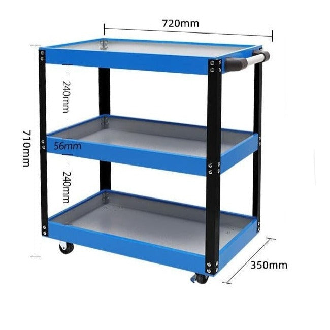 Etagère garage bleu à roulettes en métal 3 niveaux