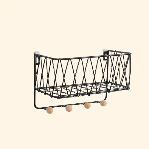 Etagère murale design nordique en fer pour entrée avec portant en bois