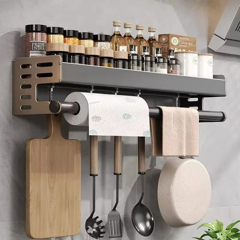 étagère murale de cuisine en métal gris multifonctions pour ranger épices, serviettes et ustensiles divers