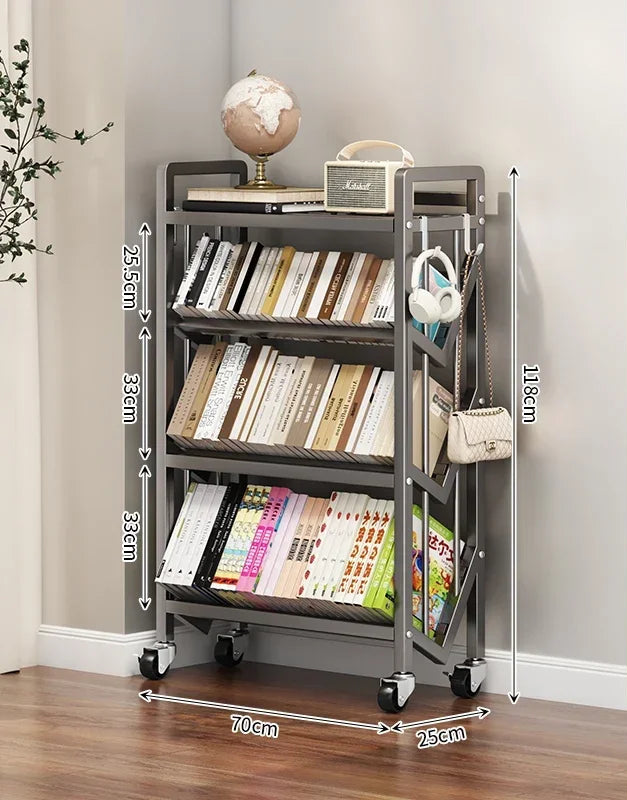 Chariot bibliothèque rotative en métal à plateaux inclinables